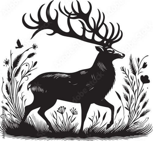 Graceful black vector deer with large antlers.