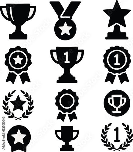 Black award icons set with trophies, medals, stars and laurels. Ideal for highlighting top performance, recognition and leadership.
