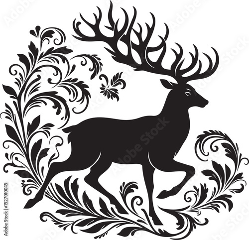 Graceful black vector deer with large antlers.