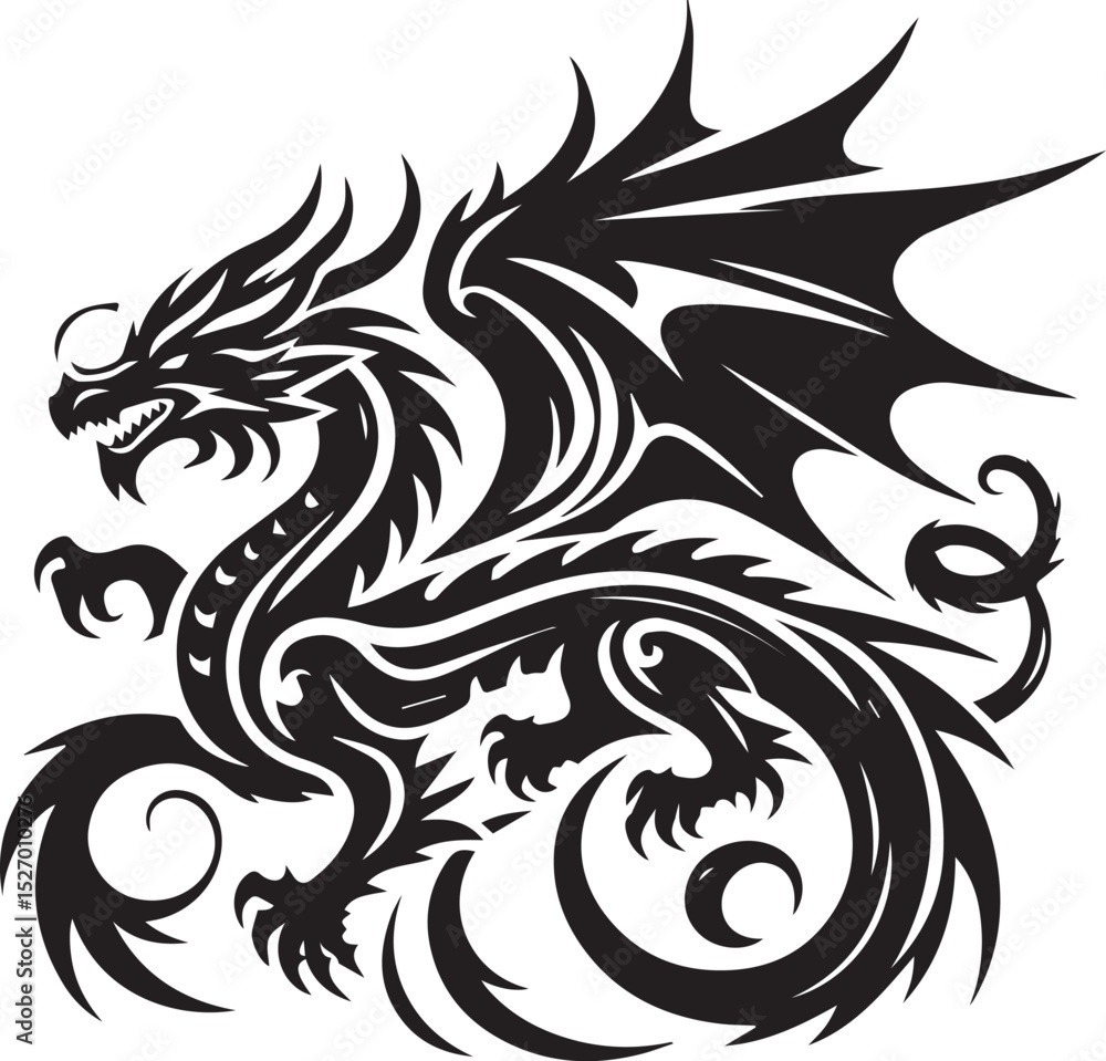 Fototapeta premium Stylized black vector dragon in flight.