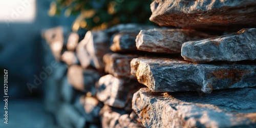 Stacked Stone Wall in Warm Sunlight, Symbolizing Strength and Enduring Construction : Generative AI