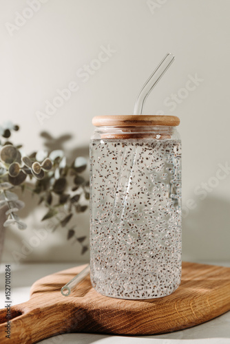 Chia water in a glass on a kitchen wooden board. Healthy detox drink.