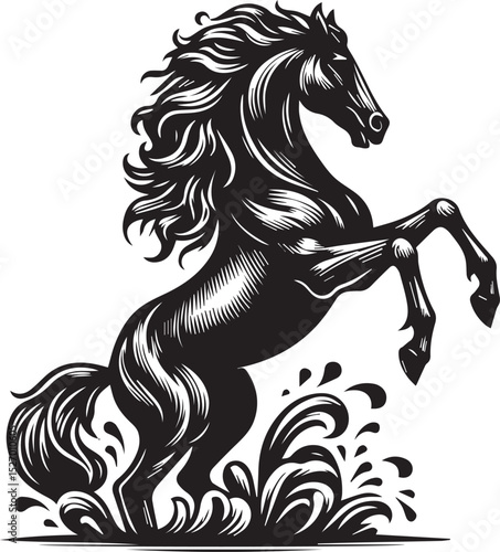 Black vector horse rearing on hind legs.