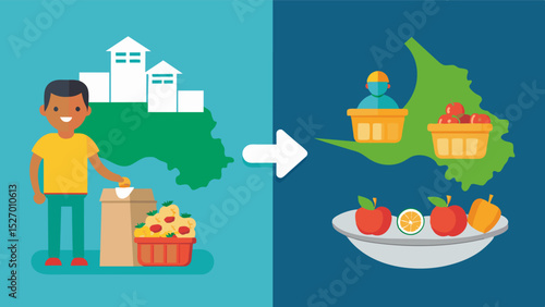 A beforeandafter image showing the effects of food aid programs on reducing food insecurity in a specific region.. Vector illustration