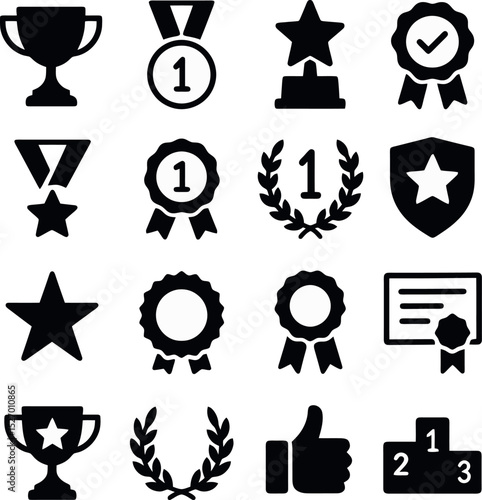 Solid icon pack with medals, trophies, laurels, certificates, and stars. Perfect for reward, ranking, and recognition visuals in dark style.