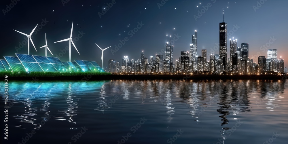 Fototapeta premium Solar Panels and Wind Turbines With City Skyline at Night, Showcasing Renewable Energy and Corporate Responsibility for a Sustainable Future : Generative AI