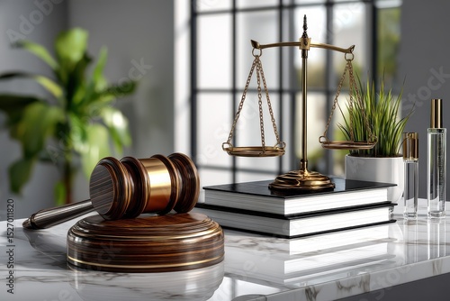 Golden scales of justice and gavel showcase legal professionalism in an elegant office setting during daylight hours