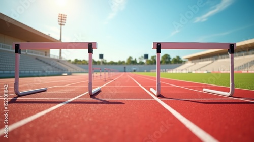 Fototapeta Naklejka Na Ścianę i Meble -  Row of athletic hurdles lined up on a red running track at an empty stadium.
