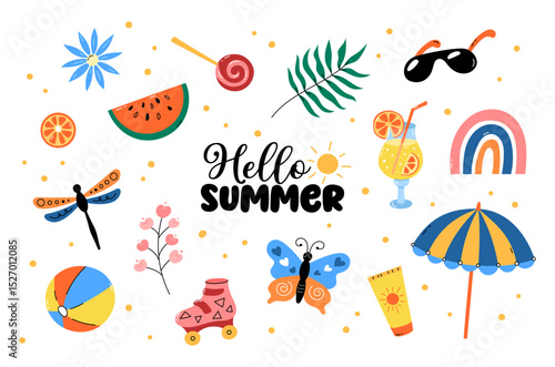 Hello Summer vector set, clipart, graphic elements. Illustration collection of cute objects like cocktail, sun, butterfly, beach items and watermelon. Summertime vacation, travel design.