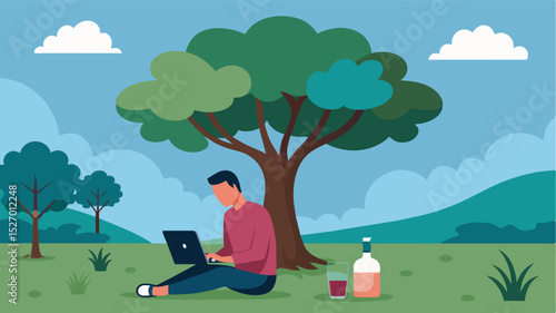 The owner of the vineyard chateau sits under a sprawling tree with his laptop open and a glass of rosé in hand overseeing the days operations.. Vector illustration