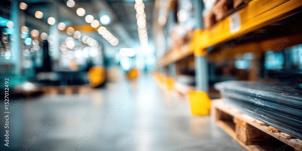 Fototapeta premium Blurred View of Warehouse Interior With Racks and Forklift, Representing Logistics and Supply Chain Management, Ready for Distribution and Global Trade : Generative AI