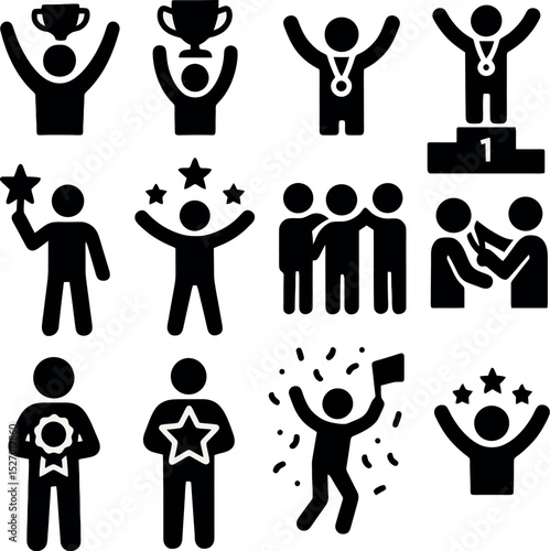 Victory and celebration icon set showing people receiving awards, stars, and medals in various success and teamwork situations.