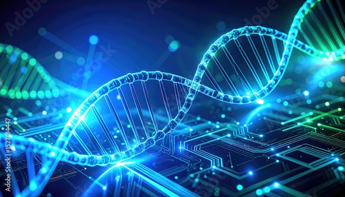 Dna double helix transforming into abstract glowing circuit board traces