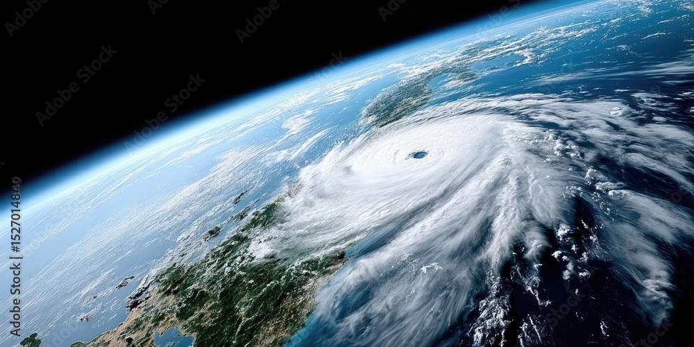 Fototapeta premium Hurricane Seen From Space Orbiting Earth, Illustrating Environmental Awareness and Climate Change Impact on Global Weather Patterns : Generative AI