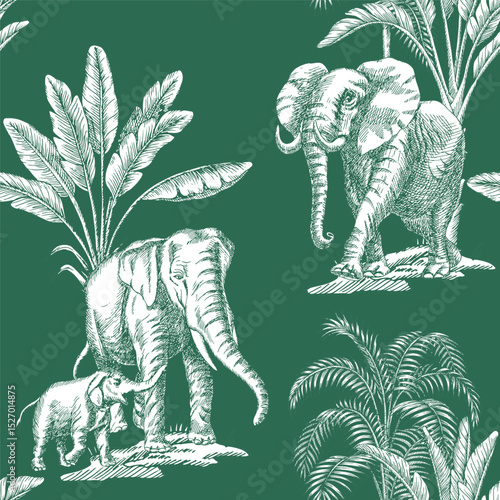 Green toile jungle seamless pattern. Tropical palm tree, plants, elephants animals wallpaper.	
