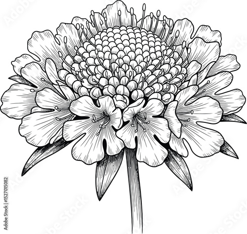 Elegant hand drawn pincushion flower botanical illustration