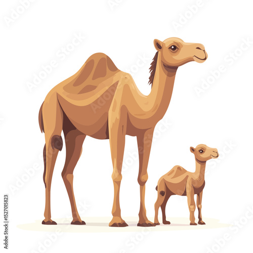 2D flat vector illustration of A Mother Camel With Her Kid, isolated on a white background.
