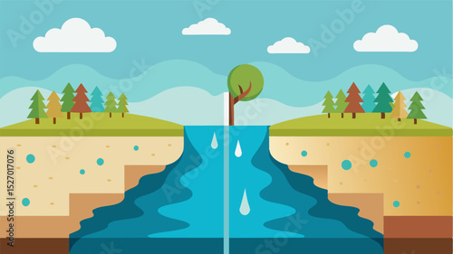 A before and after photo of a local water source highlighting the alarming decrease in its size due to the ongoing drought.. Vector illustration