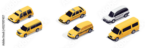 Detailed isometric vector icons of yellow taxi cars and minivans with shadows and highlights isolated on white background for transportation and urban travel concept