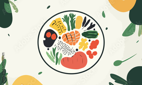 Top view of balanced plate with grilled salmon, beef steak, mixed vegetables, rice, and colorful healthy food in flat minimalist vector style