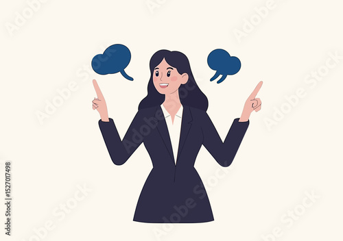 Businesswoman pointing fingers left right with speech bubbles above hands doubtful decision making concept flat illustration