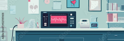 Medical office with cardiology equipment showing electrocardiogram monitor and heart health diagnostic devices on examination desk in clinical setting illustration