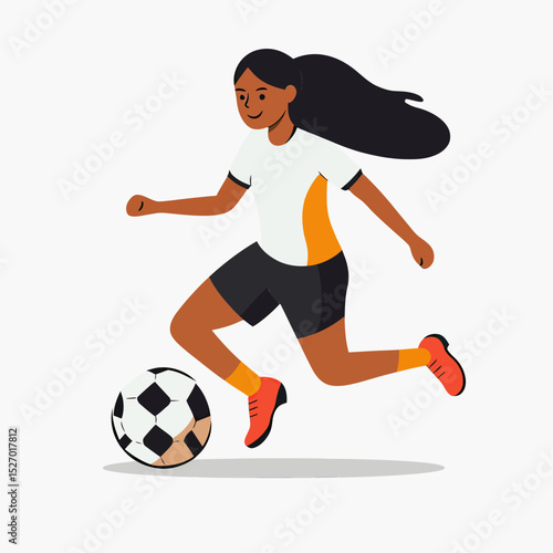 Young female soccer player running and kicking black and white soccer ball in minimalist flat vector illustration style with sporty outfit and long hair flowing behind