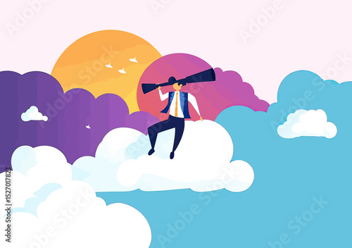 Businessman sitting on cloud holding telescope looking for opportunities with colorful sky and sunset background vector illustration