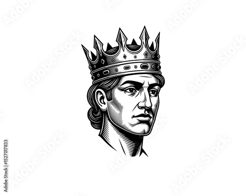 woodcut linocut engraving black ink print style illustration of a portrait of a wise king character figure with crown in his head