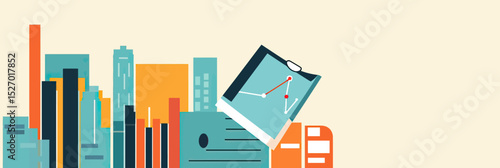 Flat vector illustration of business investment concept with colorful bar charts, city skyline, financial report clipboard, and paper document in minimalist style banner design