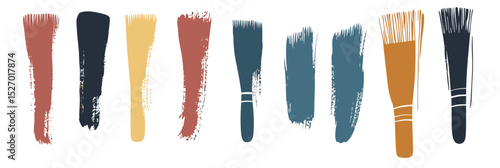 Set of flat minimalist vector paintbrushes and colorful brush strokes in grunge style with varied bristle shapes for artistic design and painting tools illustration