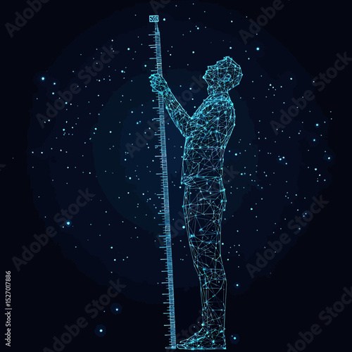 Digital wireframe male figure measuring height with futuristic polygonal lines and starry cosmic background in technology concept illustration