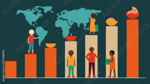 A bar graph comparing the amount of food waste in developed countries to the number of people suffering from starvation in undeveloped nations.. Vector illustration