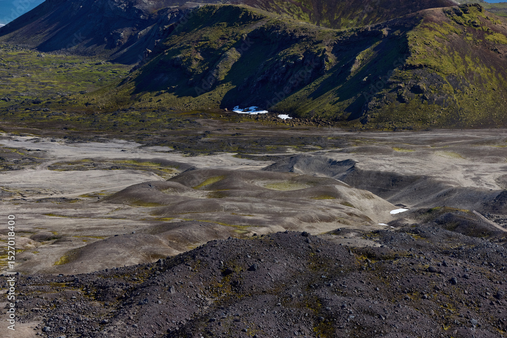 custom made wallpaper toronto digitalIceland. Vast landscapes of Snæfellsjökull reveal a striking contrast of rocky terrain and patches of snow under a bright blue sky, showcasing Iceland's unique geological features