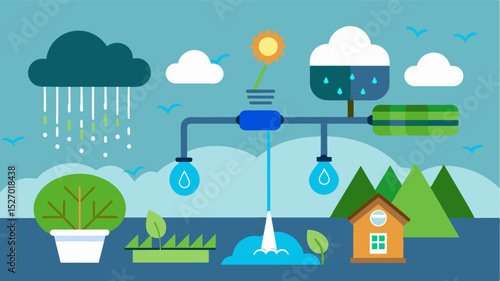 A smart irrigation system adjusts the water flow and distribution based on weather forecasts soil moisture levels and crop needs.. Vector illustration
