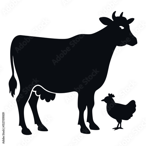 Cow and hen silhouette vector on white background for icon or logo eps file format, black and white, standing cow. cow and chicken farm animals.