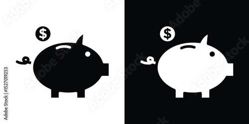 Piggy bank icon in flat version on black and white background