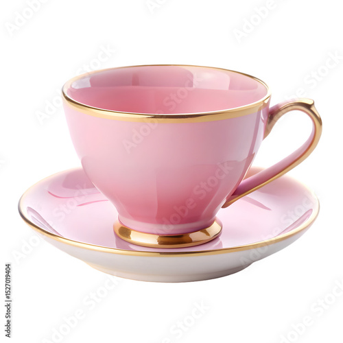 Elegant pink tea cup and saucer with gold trim isolated on black background