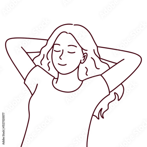 Line art of young woman lying with hands behind head and eyes closed. Represents peaceful mindset, simplicity, rest, and mental clarity