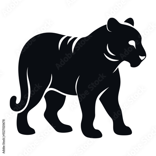 Tiger Silhouette: Walking silhouette of a wild tiger in a jungle setting, featuring a black and white design for use as an icon, logo, monogram, or symbol.