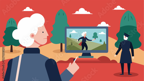 A virtual tour taking an elderly person through a famous battlefield allowing them to see the historic site and learn about its significance.. Vector illustration
