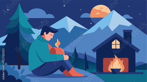 Embracing the freelance lifestyle in an alpine chalet with a warm fireplace crackling in the background.. Vector illustration