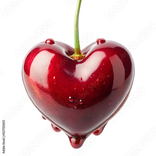 Heart shaped cherry with droplets isolated on black background representing love and affection.
