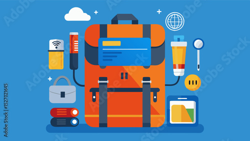 The nomads trusty backpack filled with all the necessary gadgets and tools for their digital work.. Vector illustration