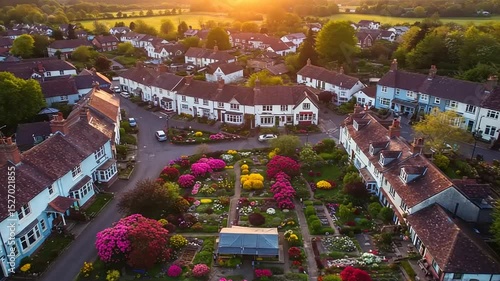 Colorful village gardens and homes at sunset.