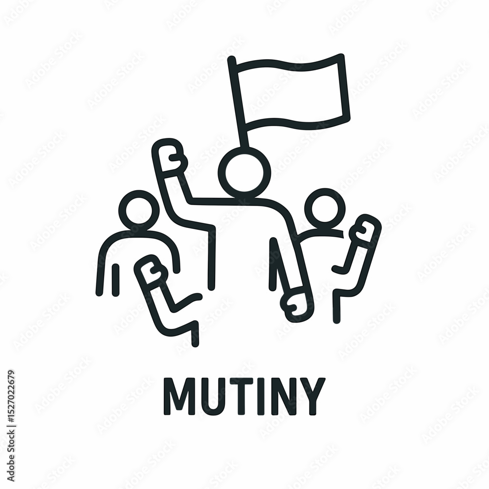 Fototapeta premium Minimal line icon of mutiny with raised fists and waving flag symbolizing rebellion, resistance, and organized uprising