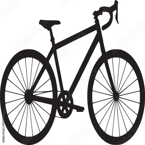 Silhouette depiction of a road bike with drop handlebars and thin tires on a white background plain style