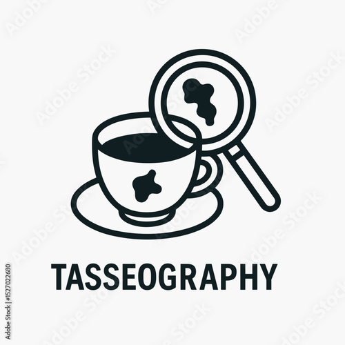 Minimal line icon of tasseography with magnifying glass analyzing tea leaves in a cup symbolizing fortune telling and divination