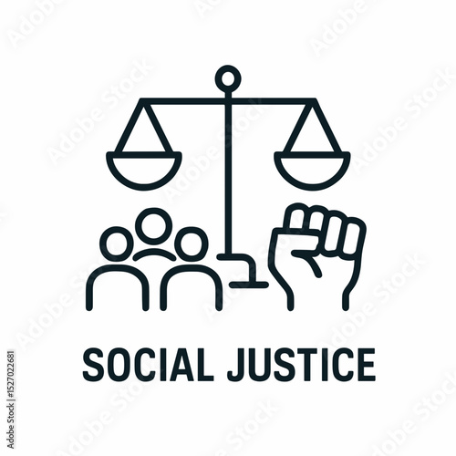Line icon of social justice with raised fist, group of people, and balance scale symbolizing equality, activism, and civil rights movement