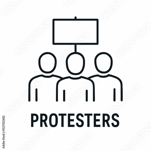 Minimal line icon of three protesters holding blank sign representing activism, demonstration, and social movement